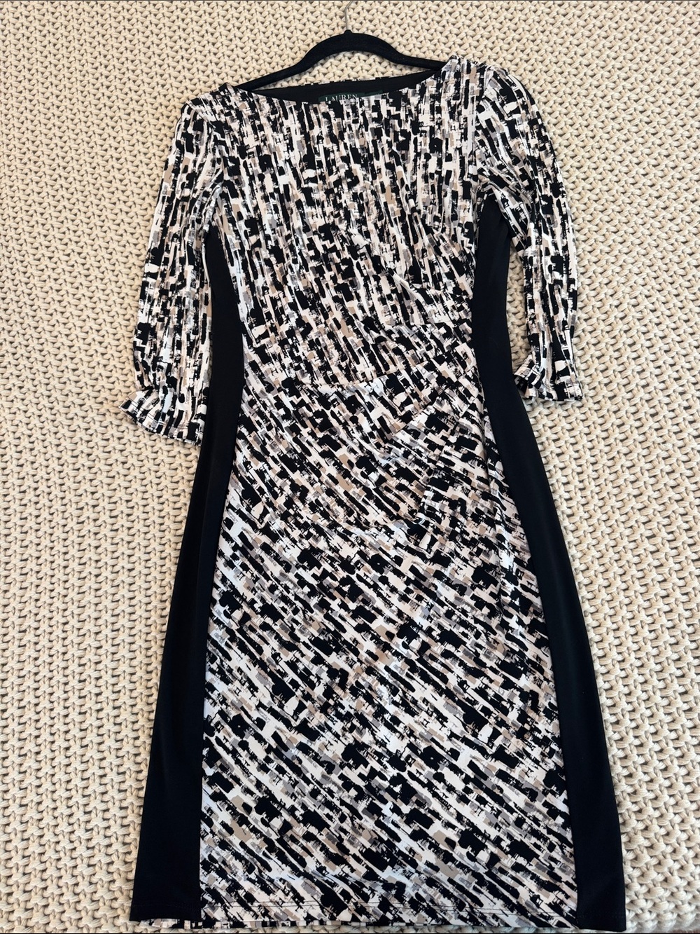 Lauren Ralph Lauren Black, White & Taupe Printed Midi Sheath Dress